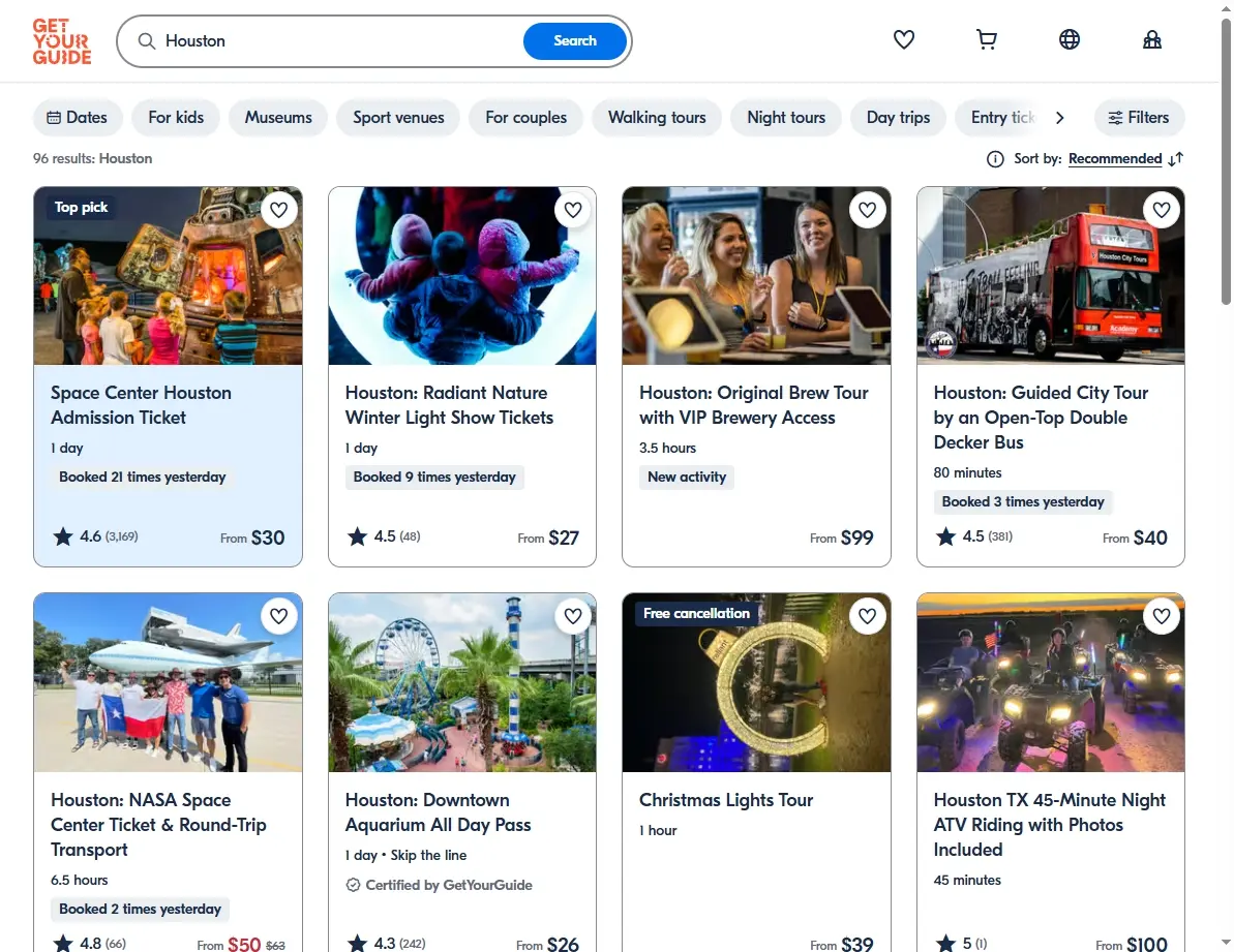 Screenshot showing activities and tours available in Houston, Texas.