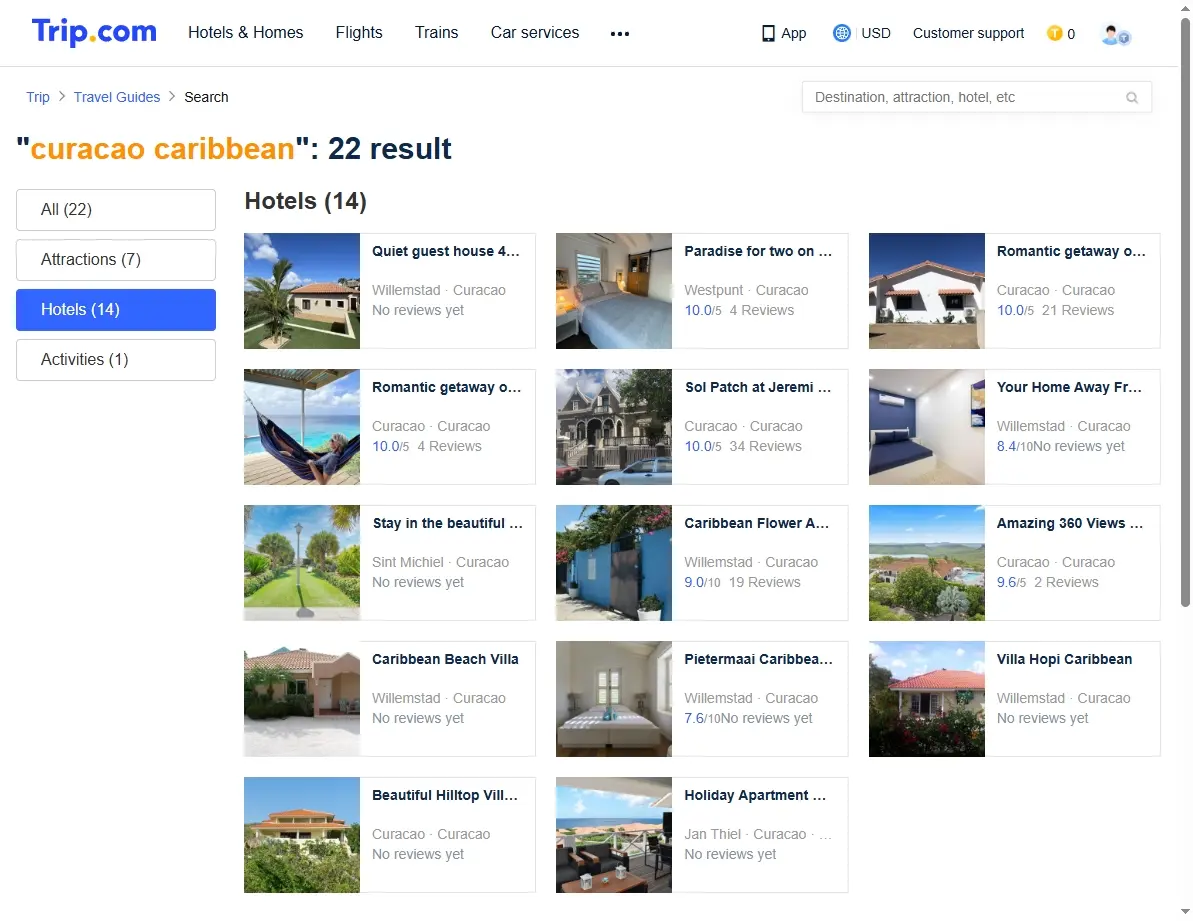 Screenshot of a hotel booking website showing various resort options in Curaçao.
