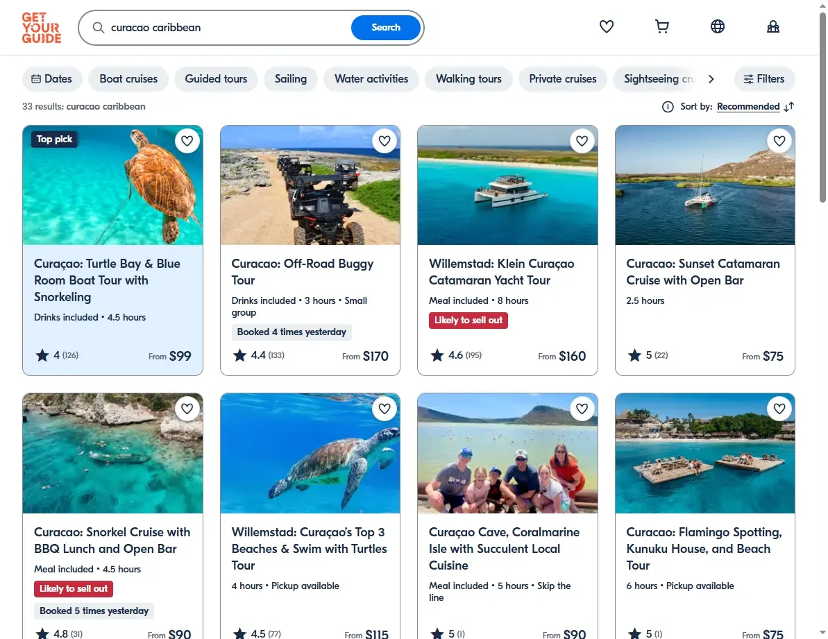 Screenshot of an activity booking website showing scuba diving and boat tours in Curaçao.