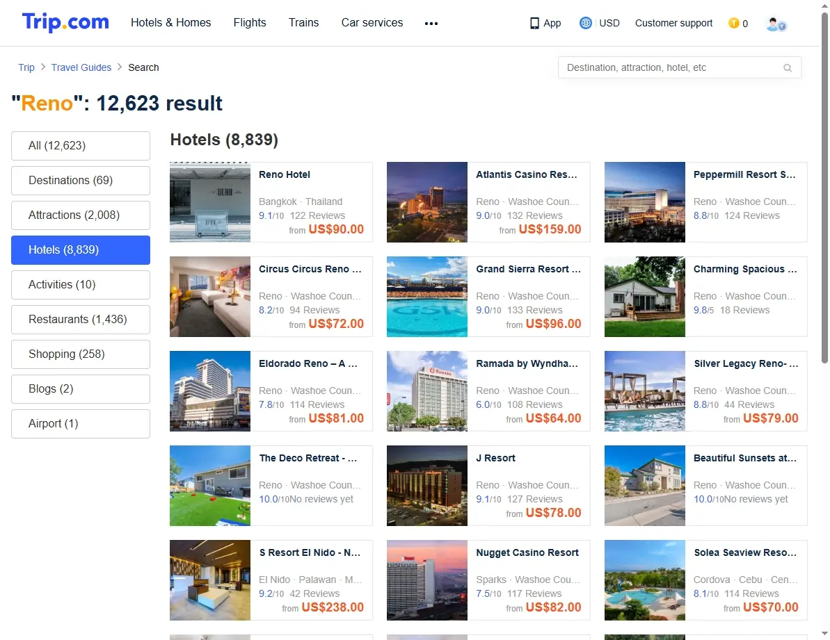 Screenshot of hotel listings and offers for Reno, Nevada on a booking site.