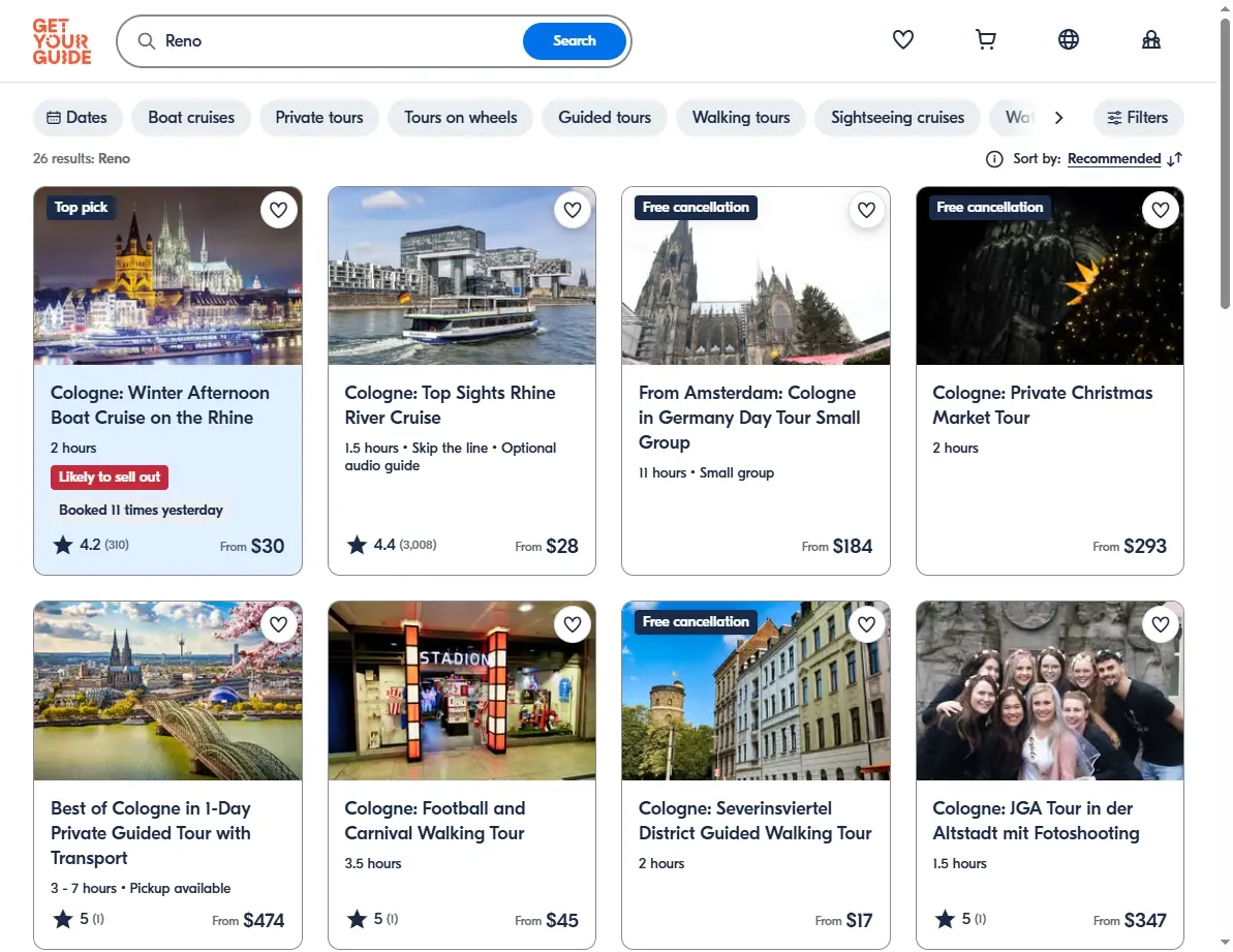 Screenshot of activities and tours available in the Reno and Tahoe area.