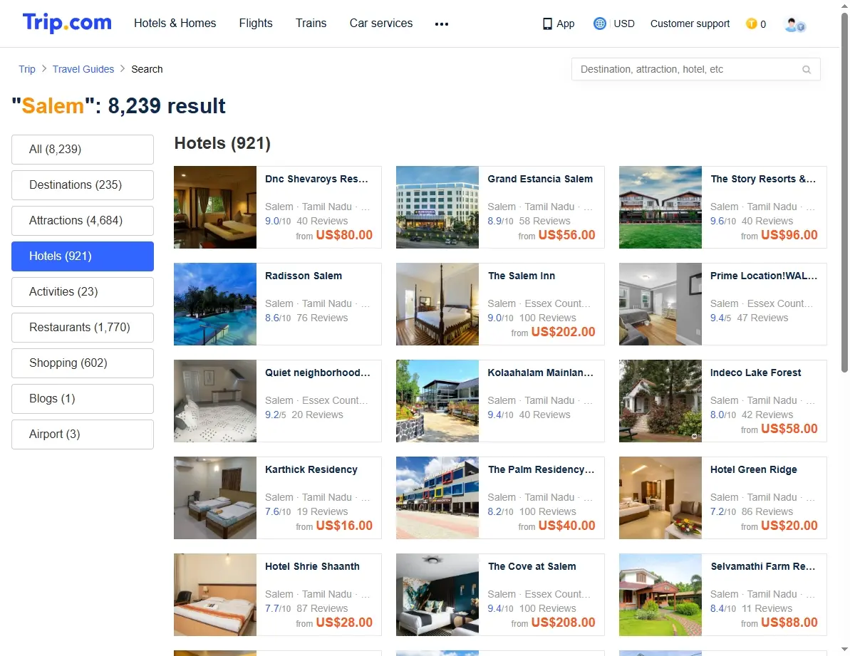 Screenshot of hotel offers in Salem, Massachusetts