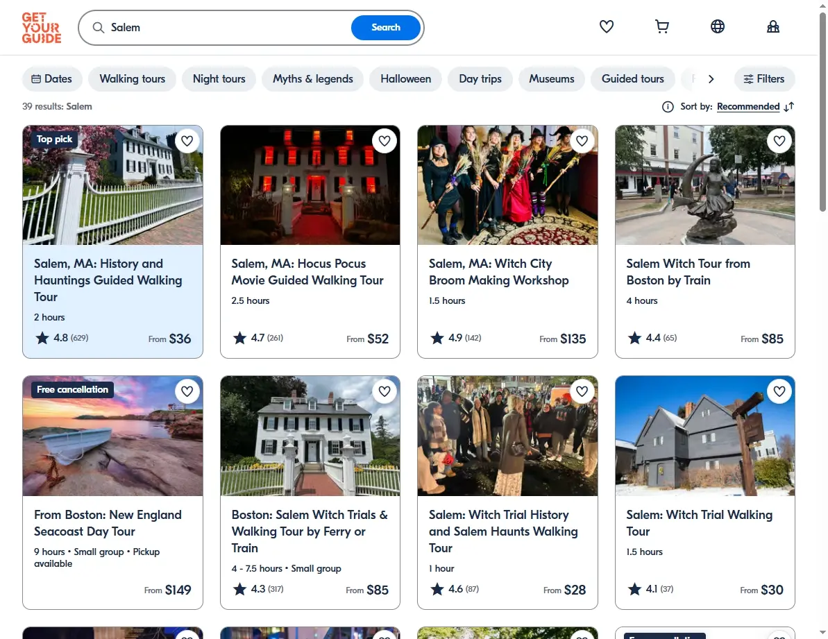 Screenshot of tour and activity offers in Salem, Massachusetts