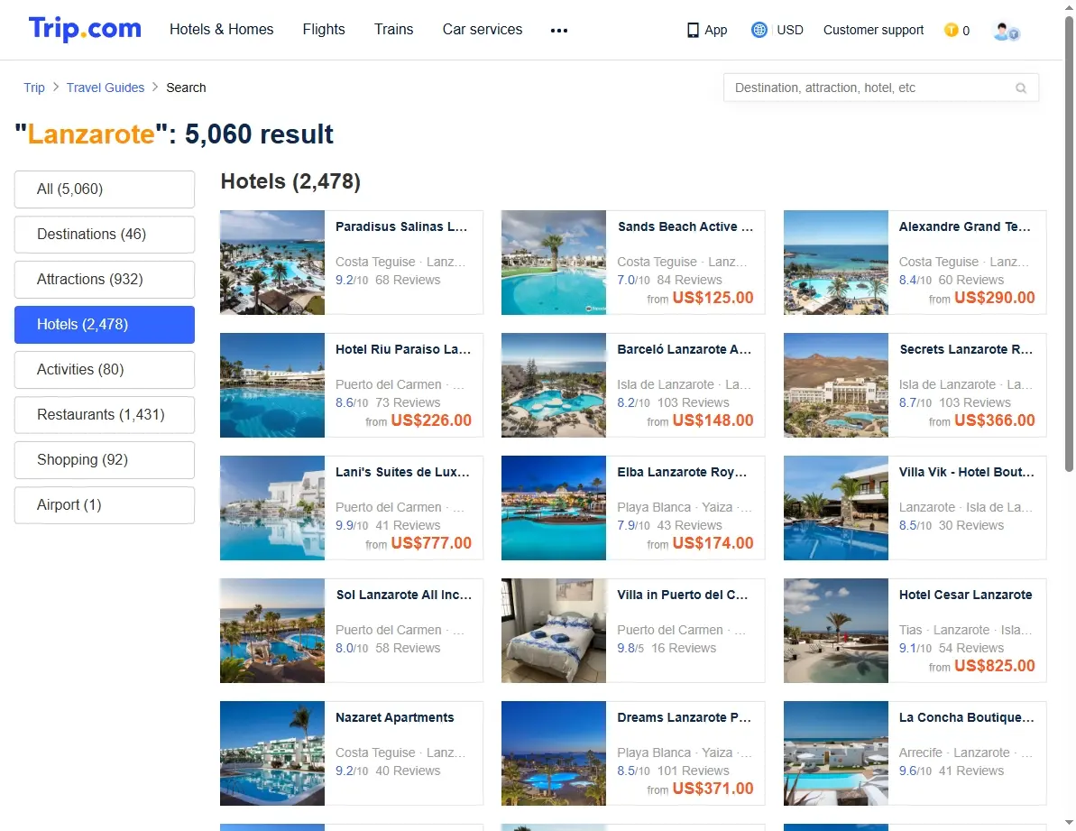 Screenshot of hotel offers for Lanzarote on a booking website.