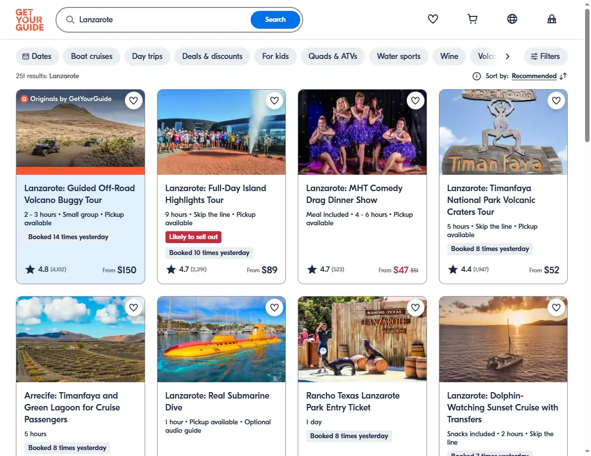 Screenshot of activity and tour offers in Lanzarote.