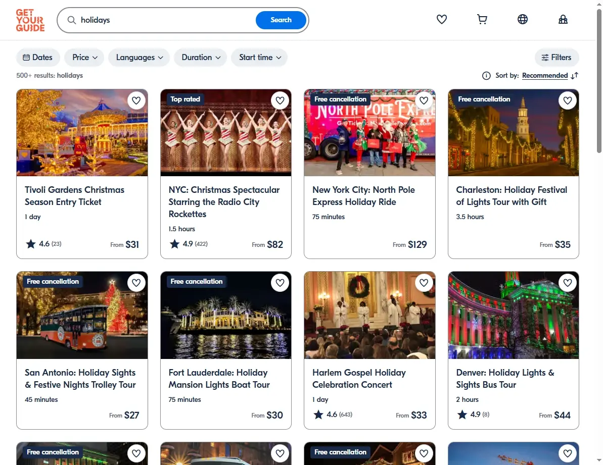 Screenshot of activity booking offers
