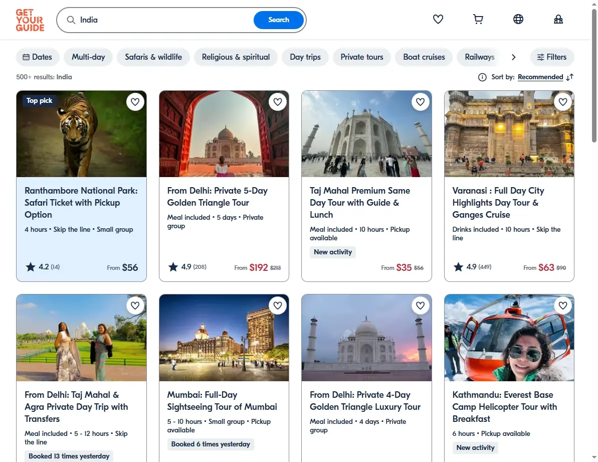 Screenshot of activity booking platform for India tours