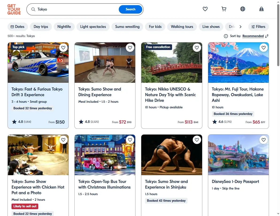 Screenshot of activities and tours available in Tokyo