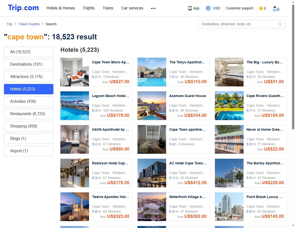 Screenshot of hotel offers in Cape Town