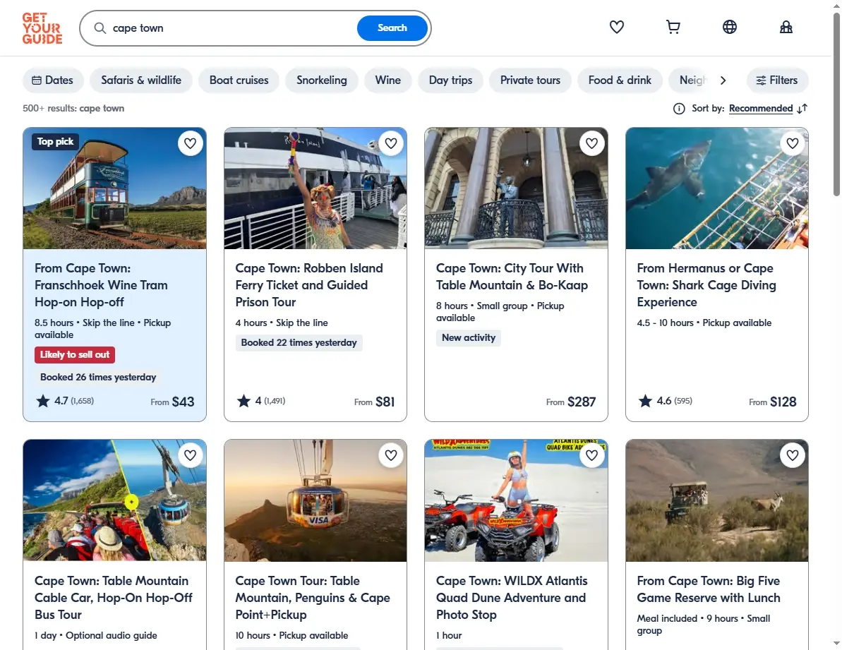 Screenshot of activities and tours available in Cape Town