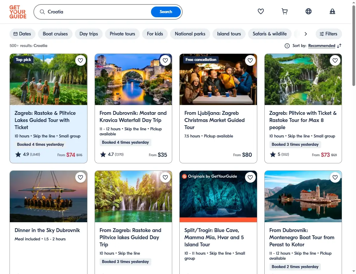 Screenshot of activity search results page showing guided tours and excursions in Croatia