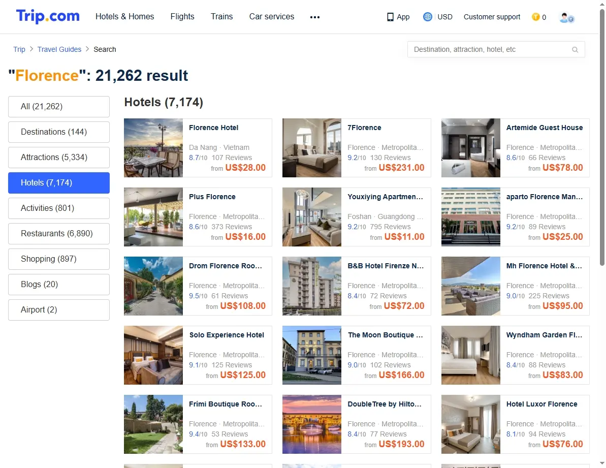 Screenshot of hotel offers in Florence