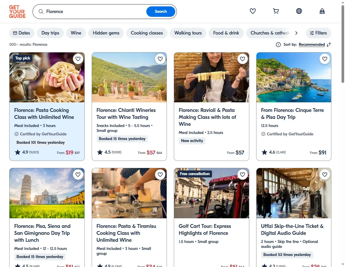 Screenshot of activities and tours in Florence
