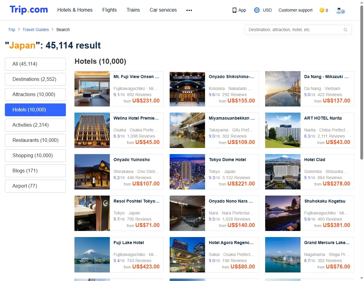 Hotel booking screenshot for Japan hotels on Trip.com