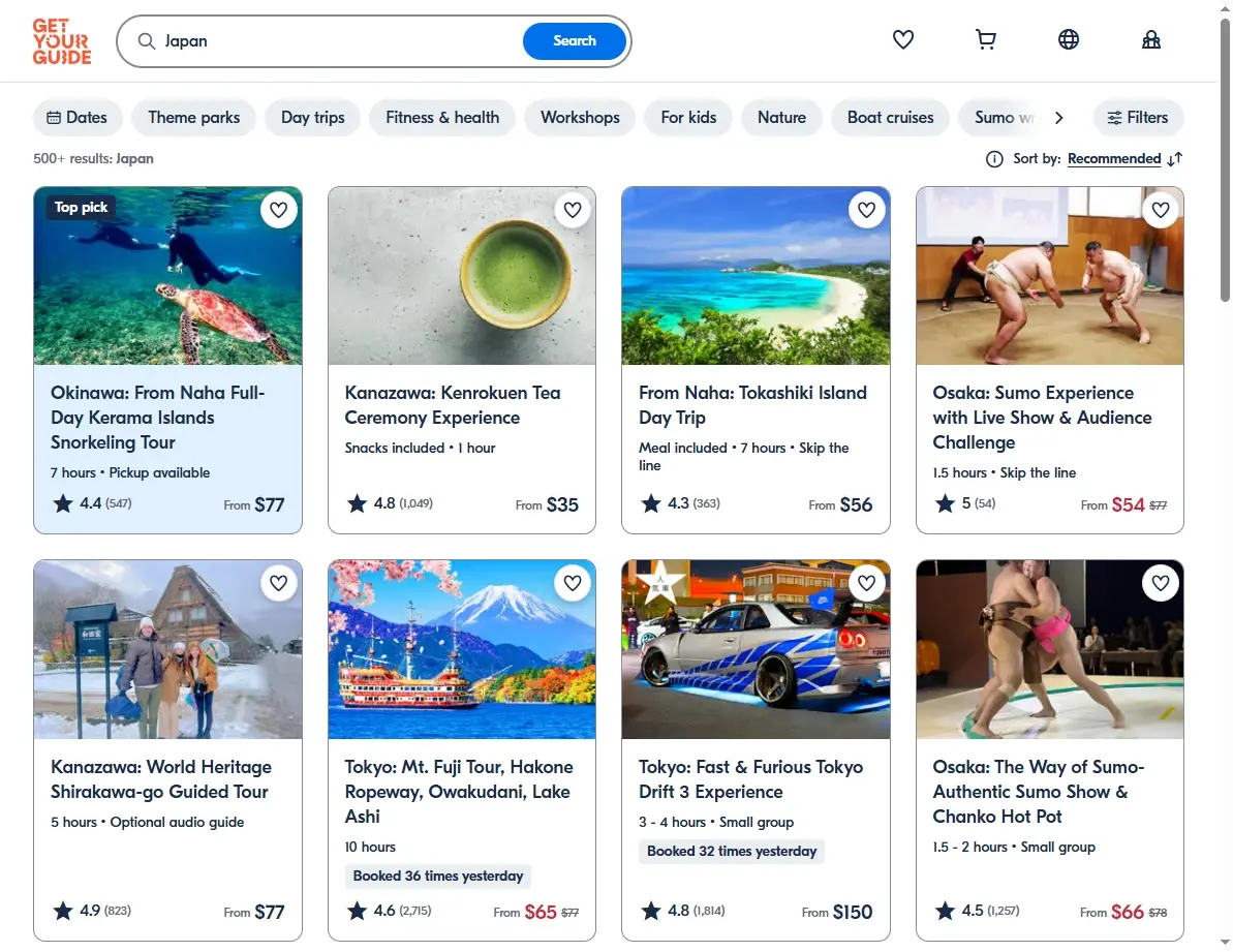 Activity booking screenshot for Japan on GetYourGuide