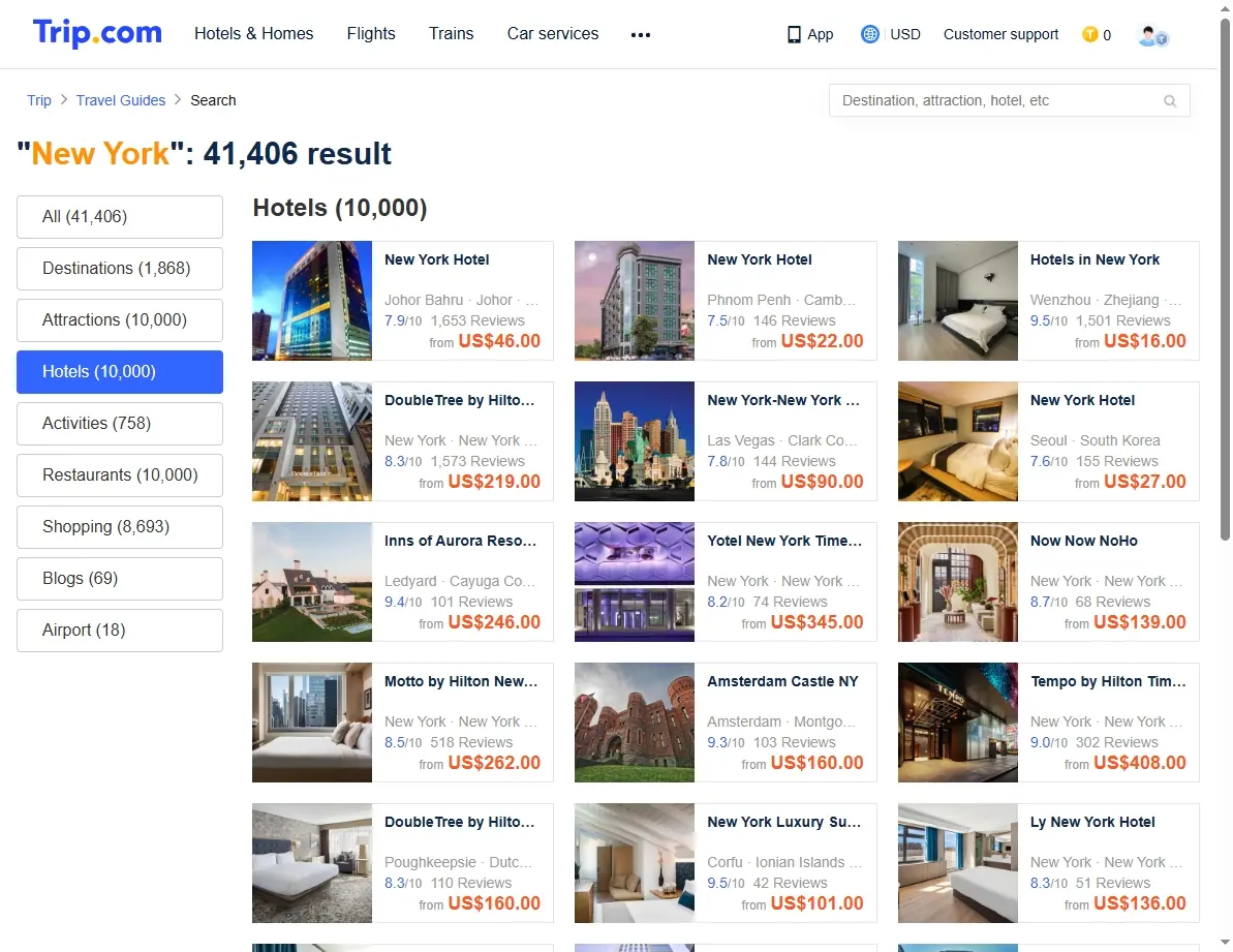 Screenshot of Trip.com showing hotel deals in New York City.