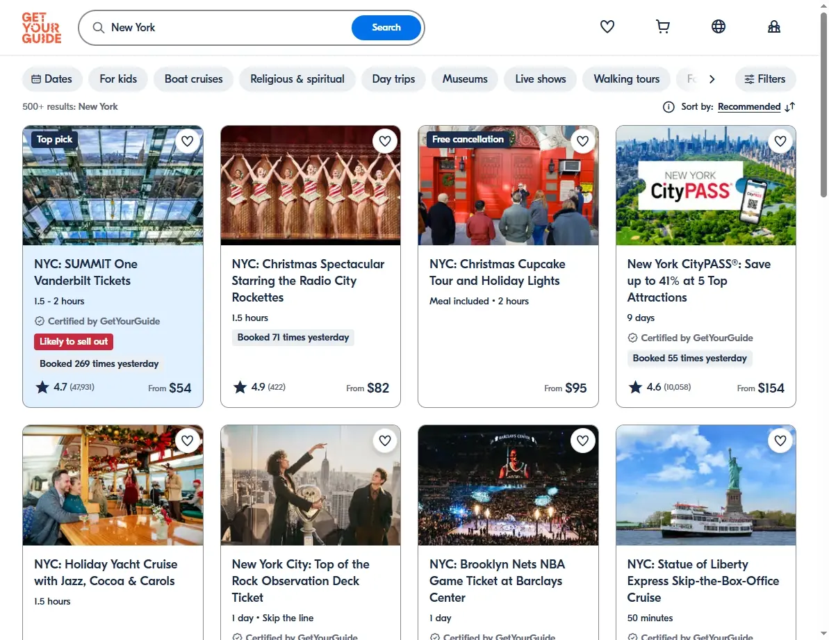 Screenshot of GetYourGuide showing activities and tours in New York.