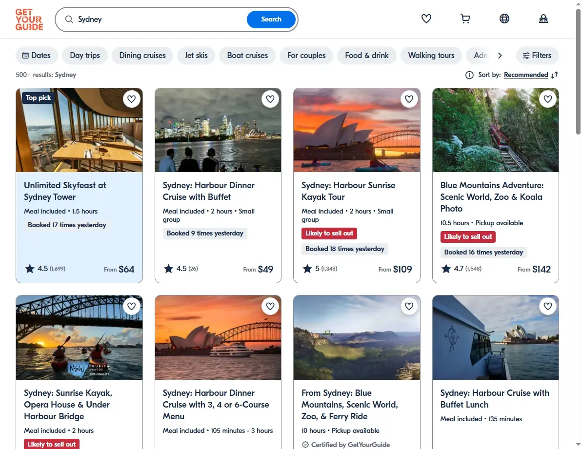 Screenshot showing activities and tours in Sydney