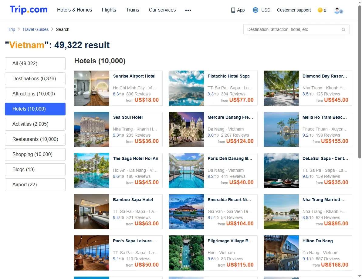 Screenshot of hotel search results for Vietnam accommodations.