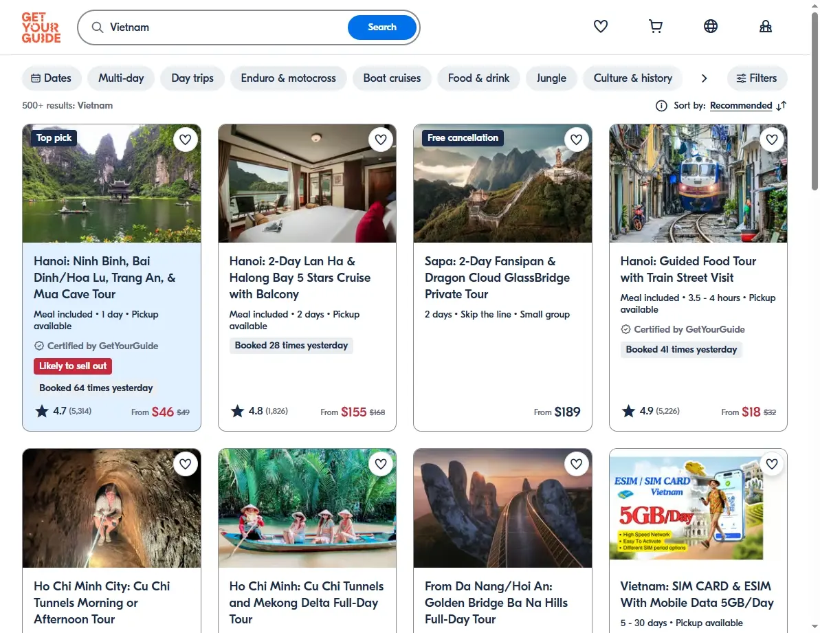 Screenshot of activity and tour search results for Vietnam.