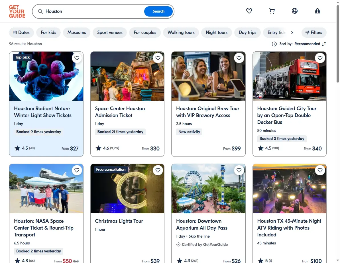 Screenshot of activity and tour offers in Houston