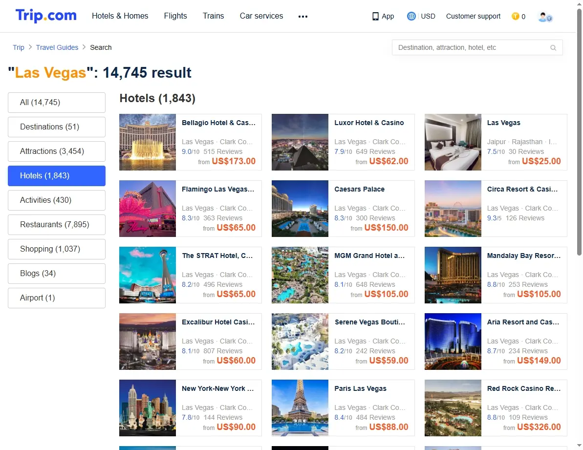 Screenshot of Las Vegas Hotel deals search page