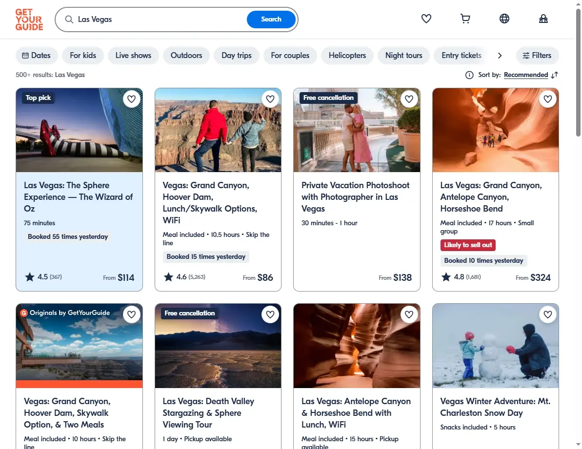Screenshot of Las Vegas activity and tour offers