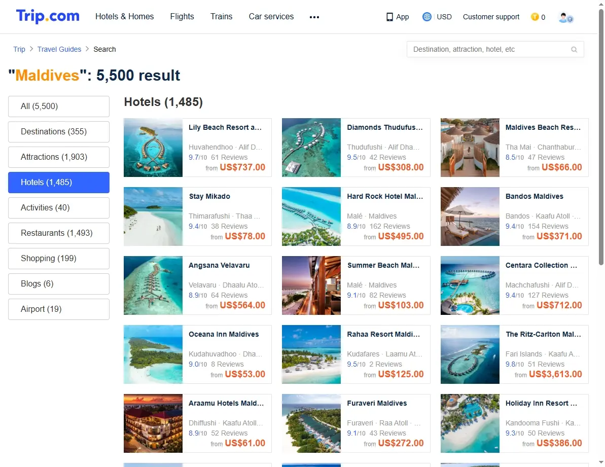 Screenshot of a hotel booking website showing deals in the Maldives.