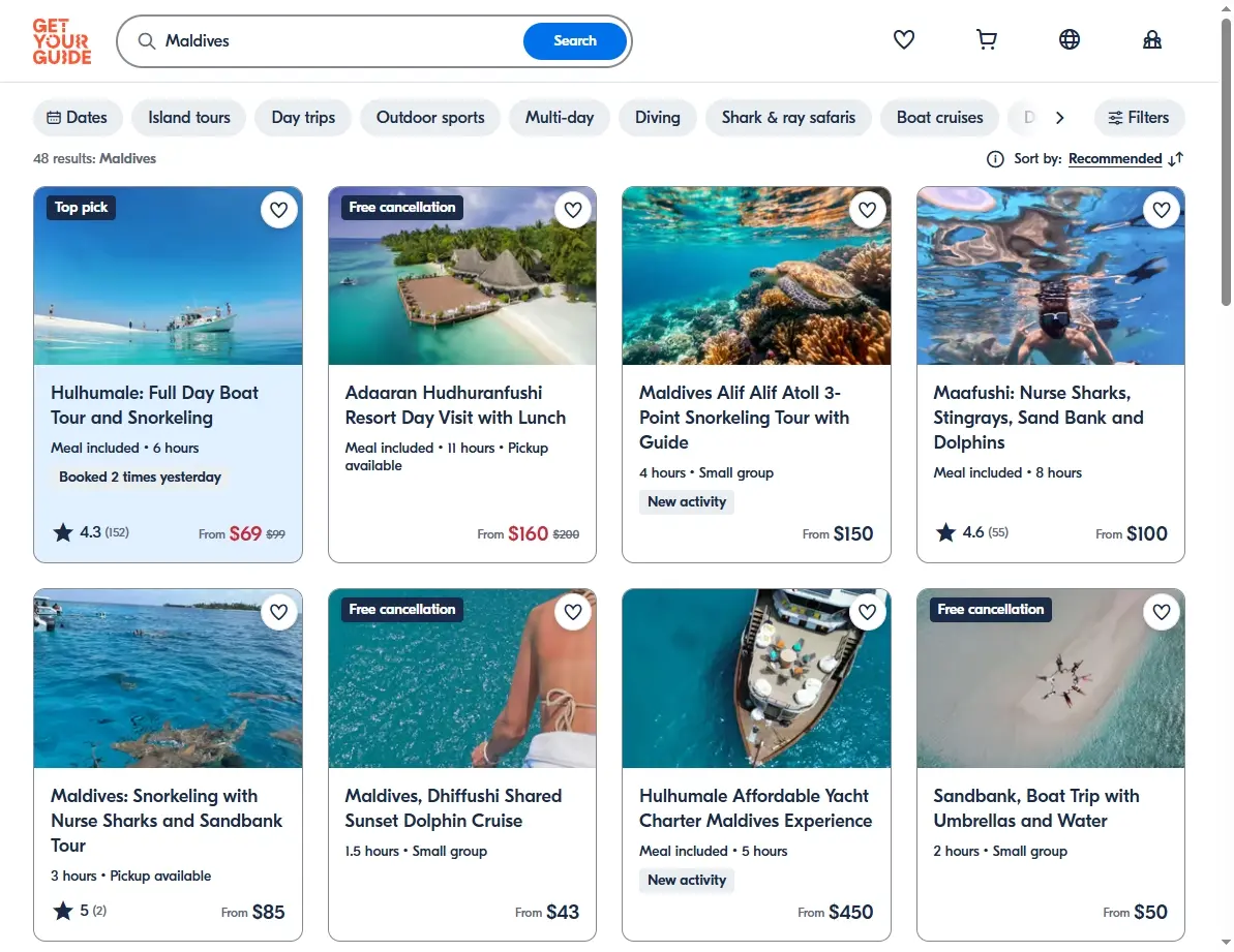 Screenshot of an activity booking website showing snorkeling and diving offers in the Maldives.