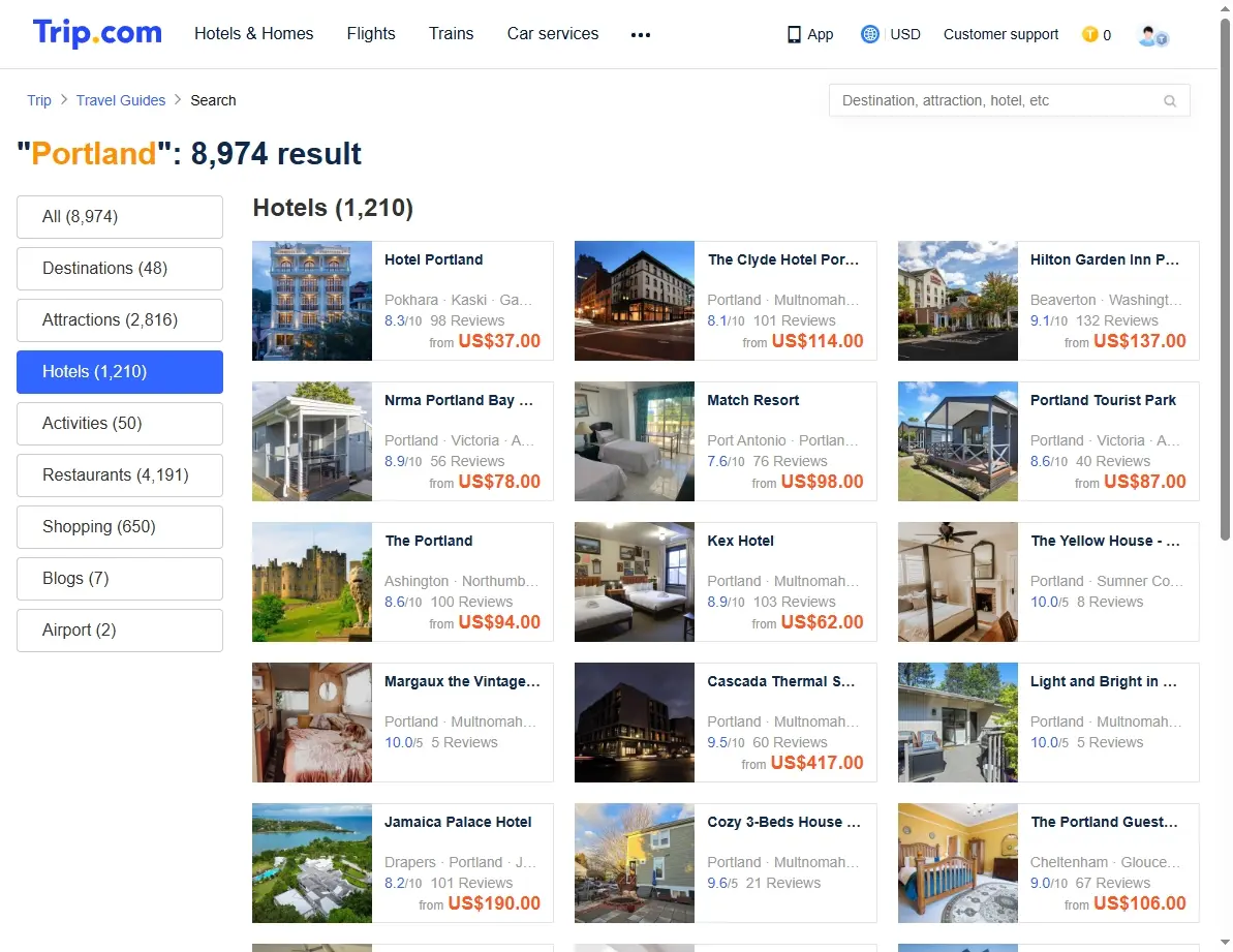 Screenshot of hotel offers in Portland, Maine