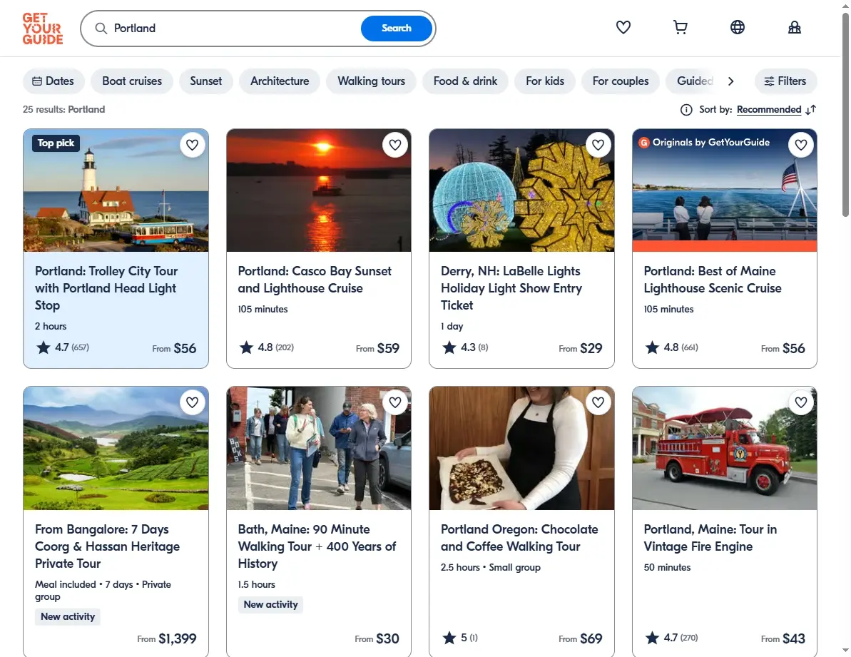 Screenshot of activity offers in Portland, Maine
