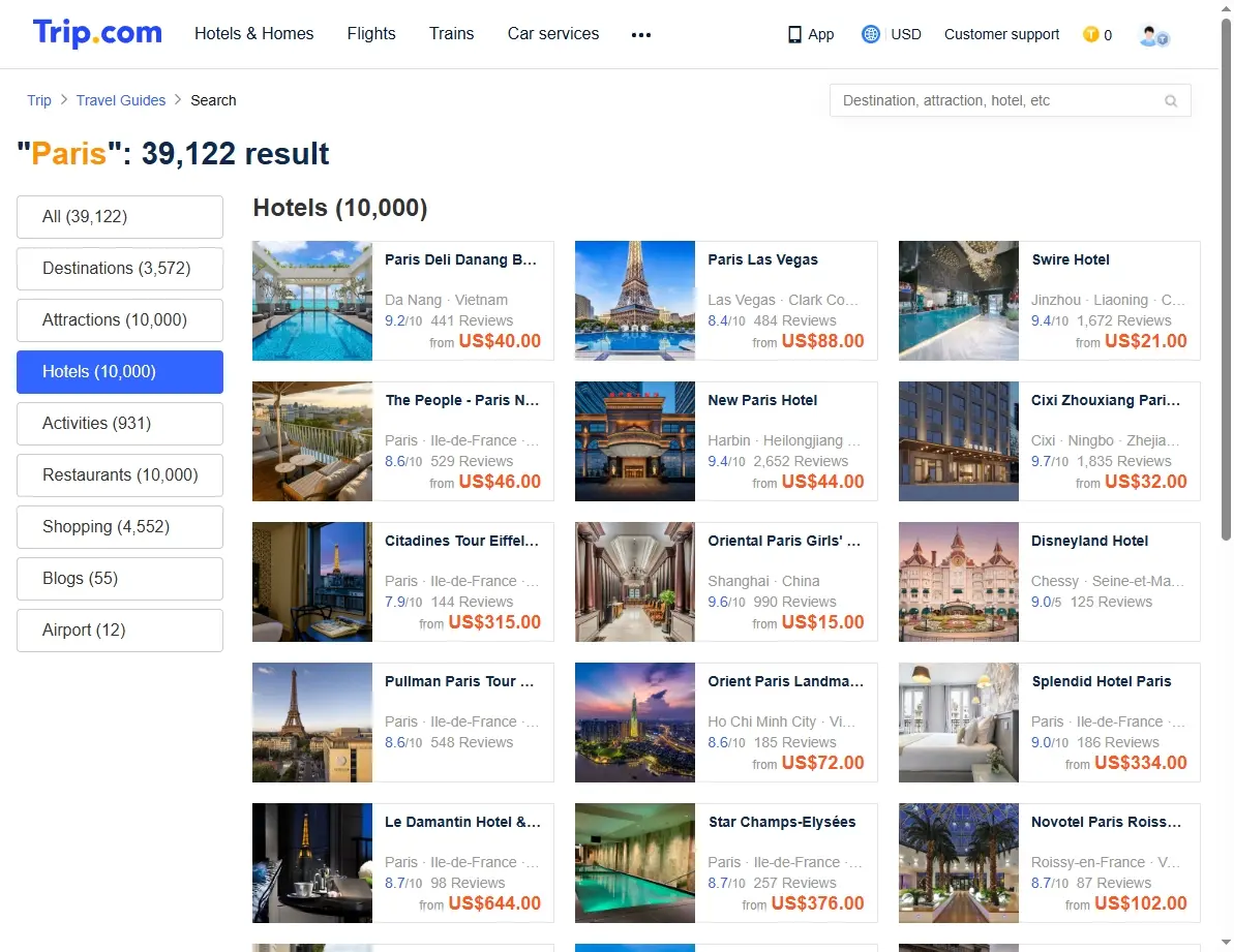 Screenshot of hotel offers in Paris, France