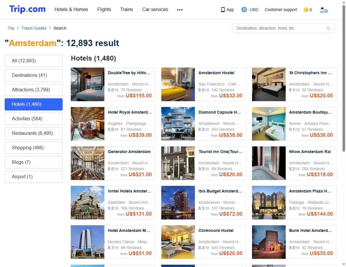 A screenshot of various Amsterdam hotel deals on a booking website.