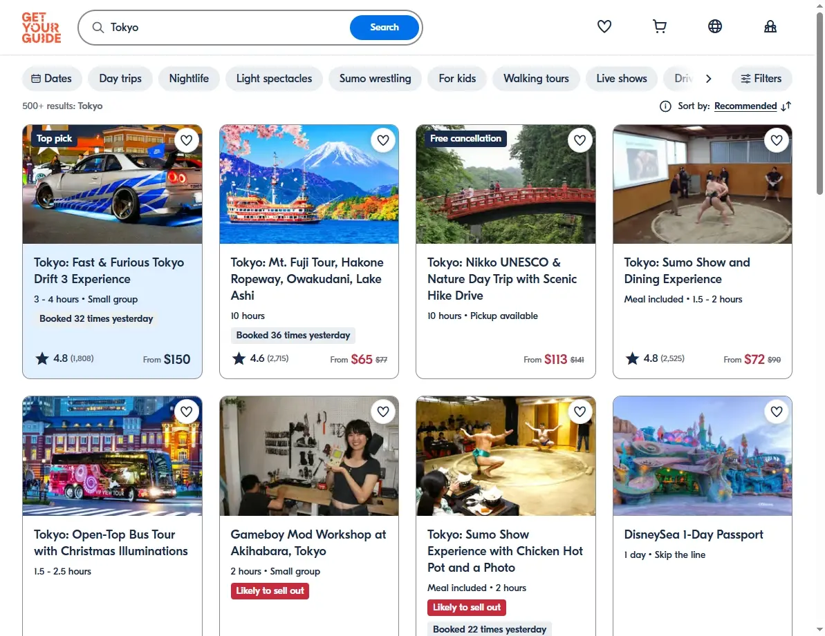 Screenshot of activity booking website showing Tokyo tours and experiences.