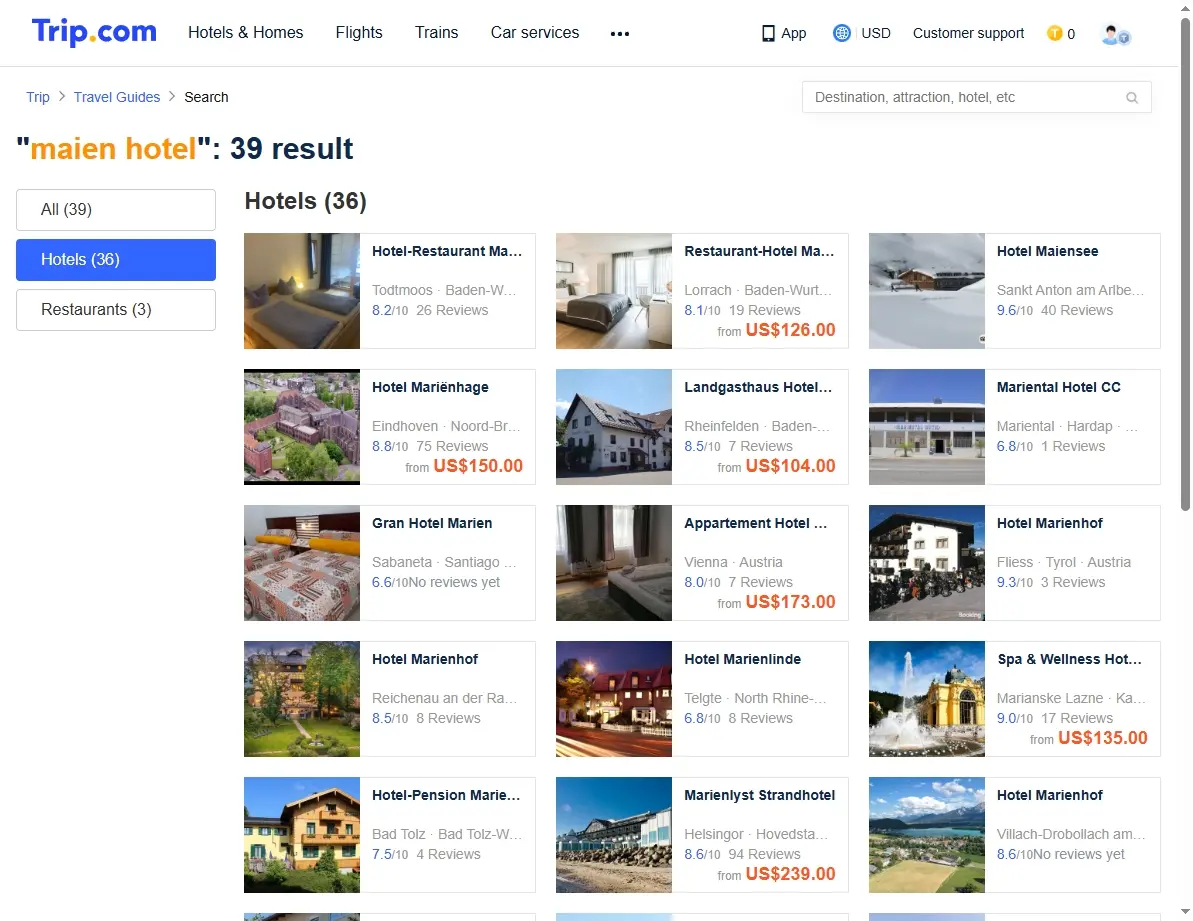 Screenshot showing Maien Hotel special offers and deals