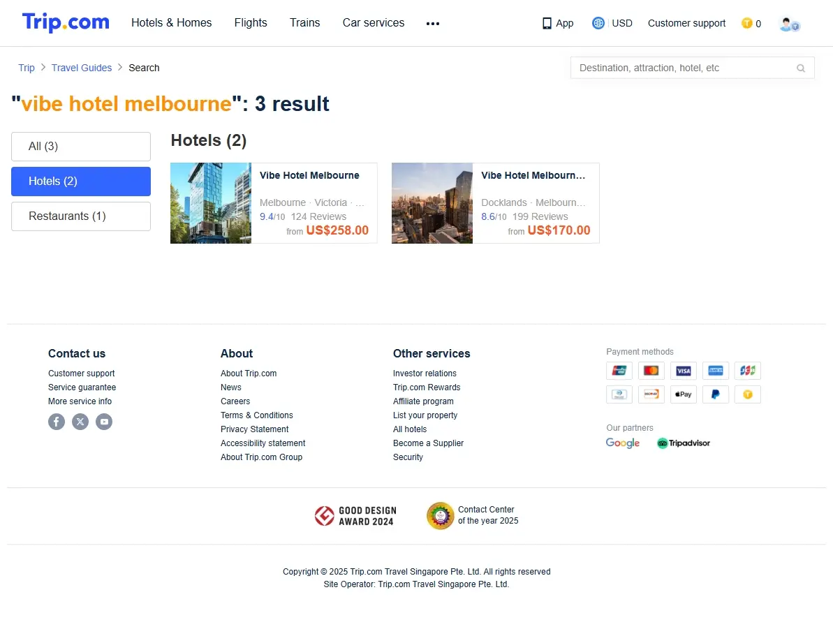 Screenshot of hotel booking website showing Vibe Hotel Melbourne offers