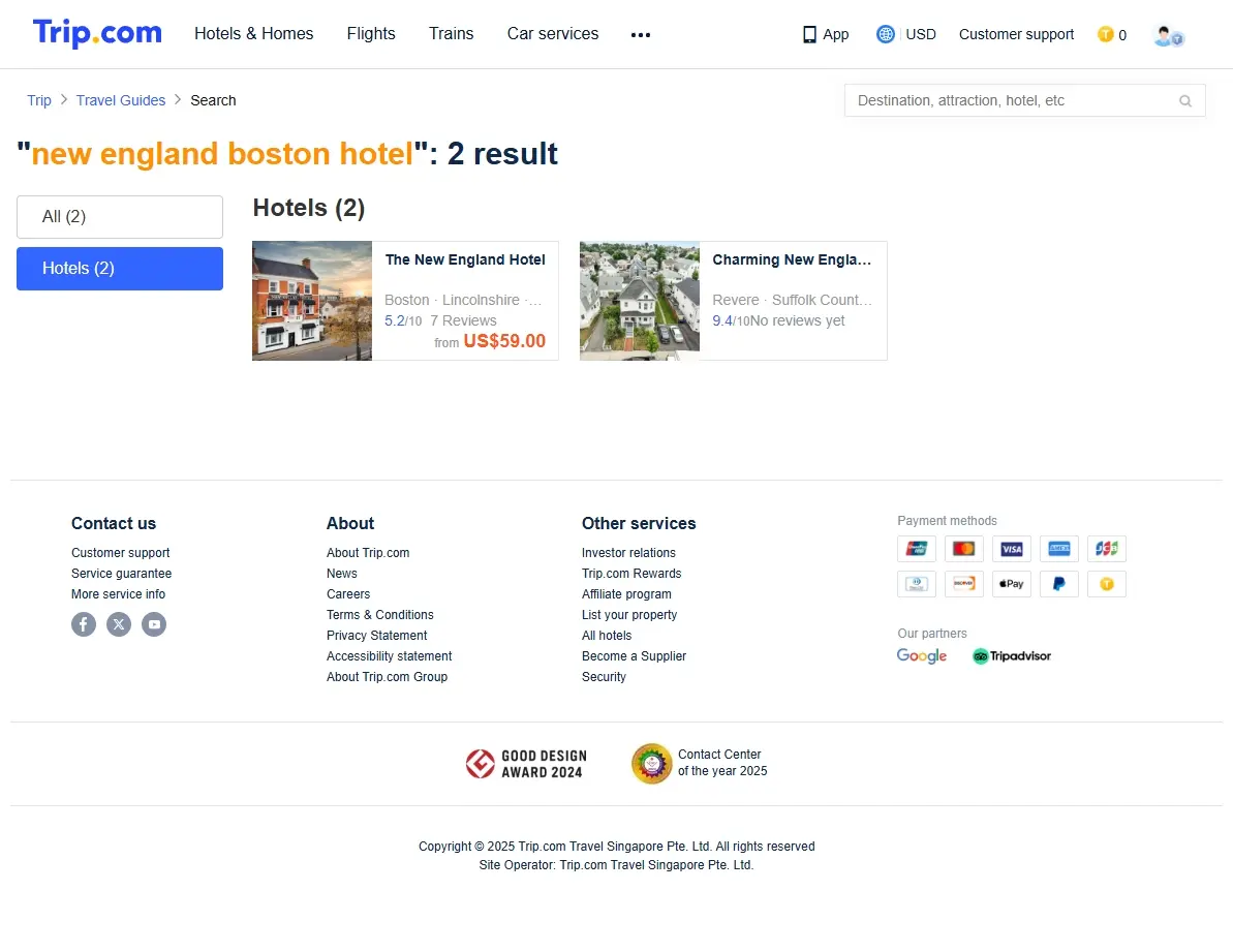 Screenshot of hotel offers page for New England Boston hotels