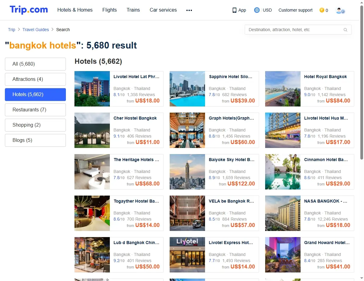 Screenshot of hotel offers and special deals from Trip.com