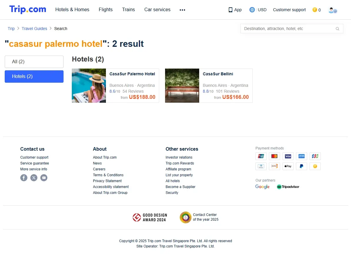Screenshot of a hotel booking website showing special offers for the Casasur Palermo Hotel.