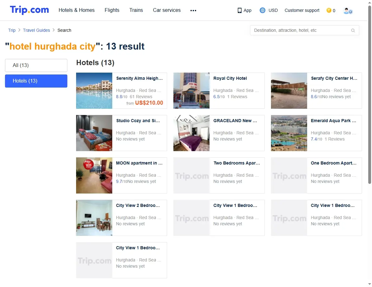 Screenshot of a travel website showing special hotel deals for Hurghada City
