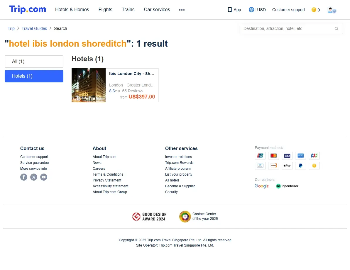 Screenshot of Trip.com showing deals for hotel ibis london shoreditch