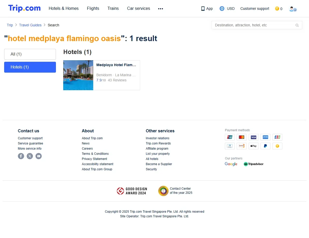 Screenshot of a hotel booking website showing special prices and offers for the Medplaya Flamingo Oasis.