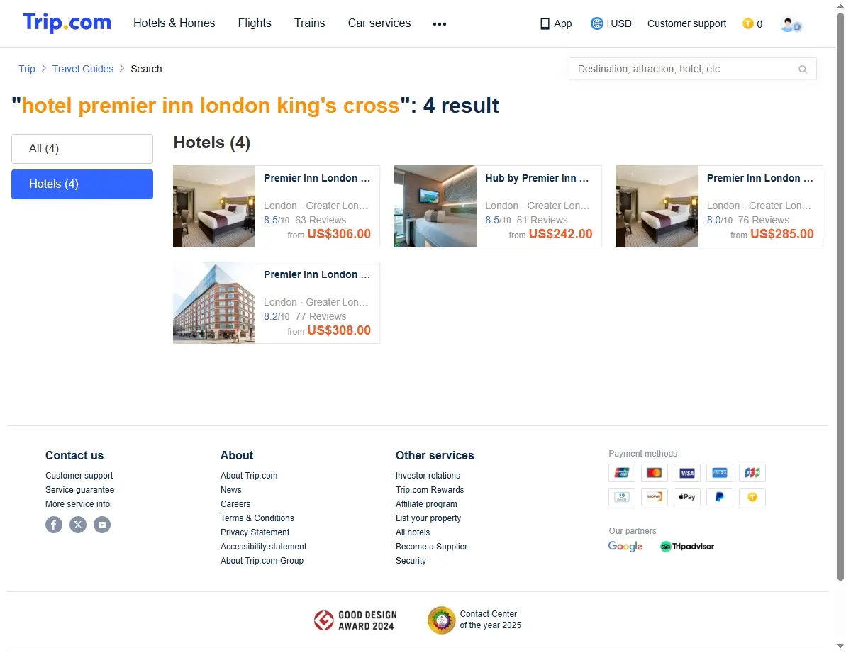 Screenshot of special offers for hotel premier inn london king's cross