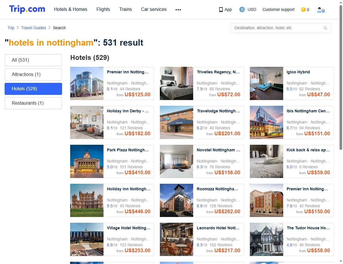 Screenshot of a hotel booking website showing offers in Nottingham