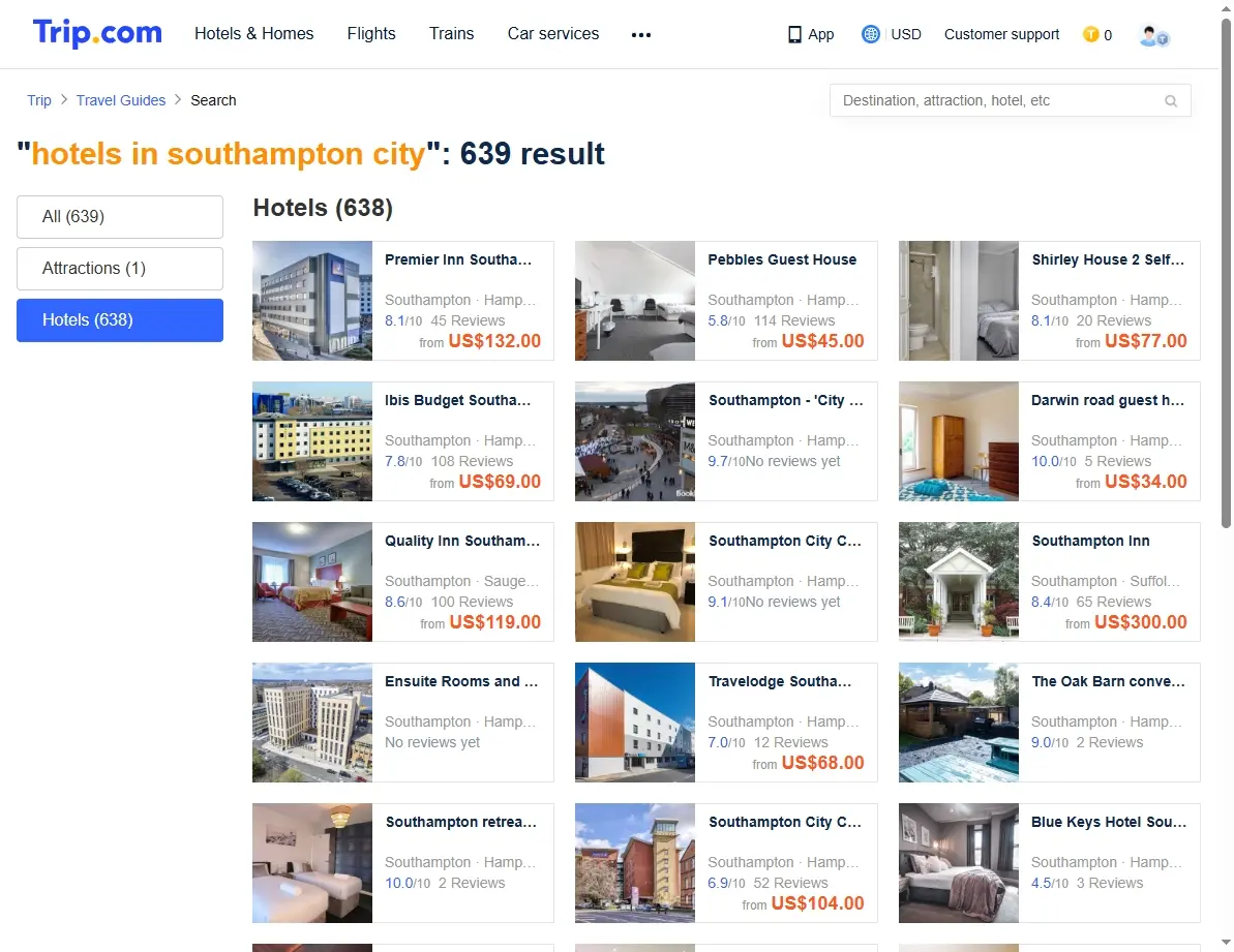 Screenshot of Trip.com showing hotel offers in Southampton