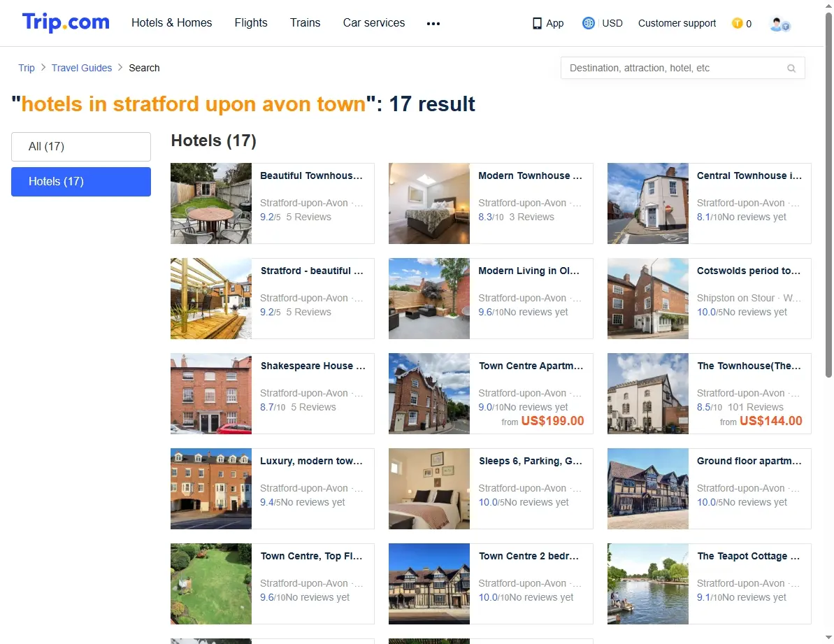 Screenshot of a hotel booking website showing offers for hotels in Stratford upon Avon town.