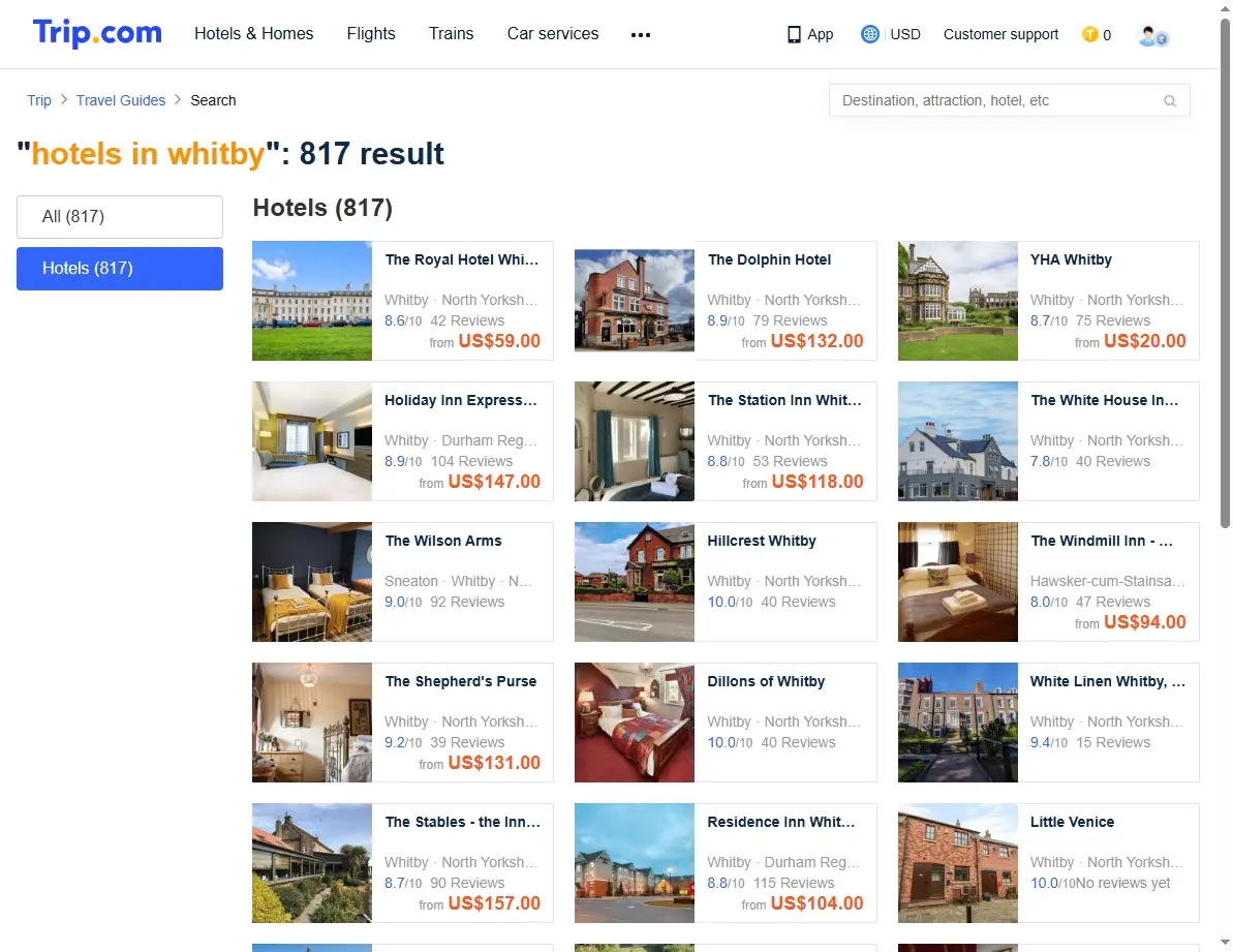Screenshot of hotel offers for Whitby hotels on a travel site.