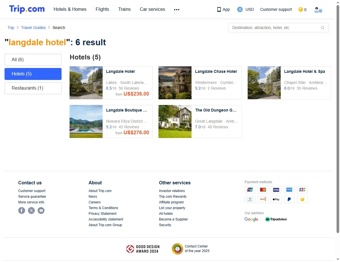 Screenshot of hotel booking website showing special offers for Langdale Hotel.