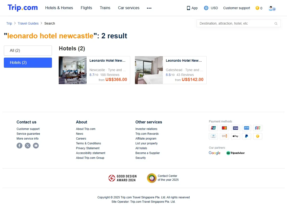 Screenshot of hotel offers for Leonardo Hotel Newcastle on a booking website
