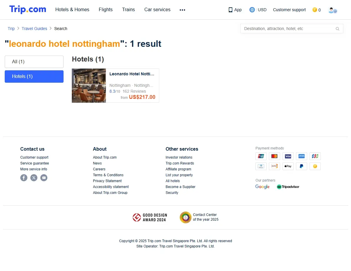 Screenshot showing special offers for Leonardo Hotel Nottingham